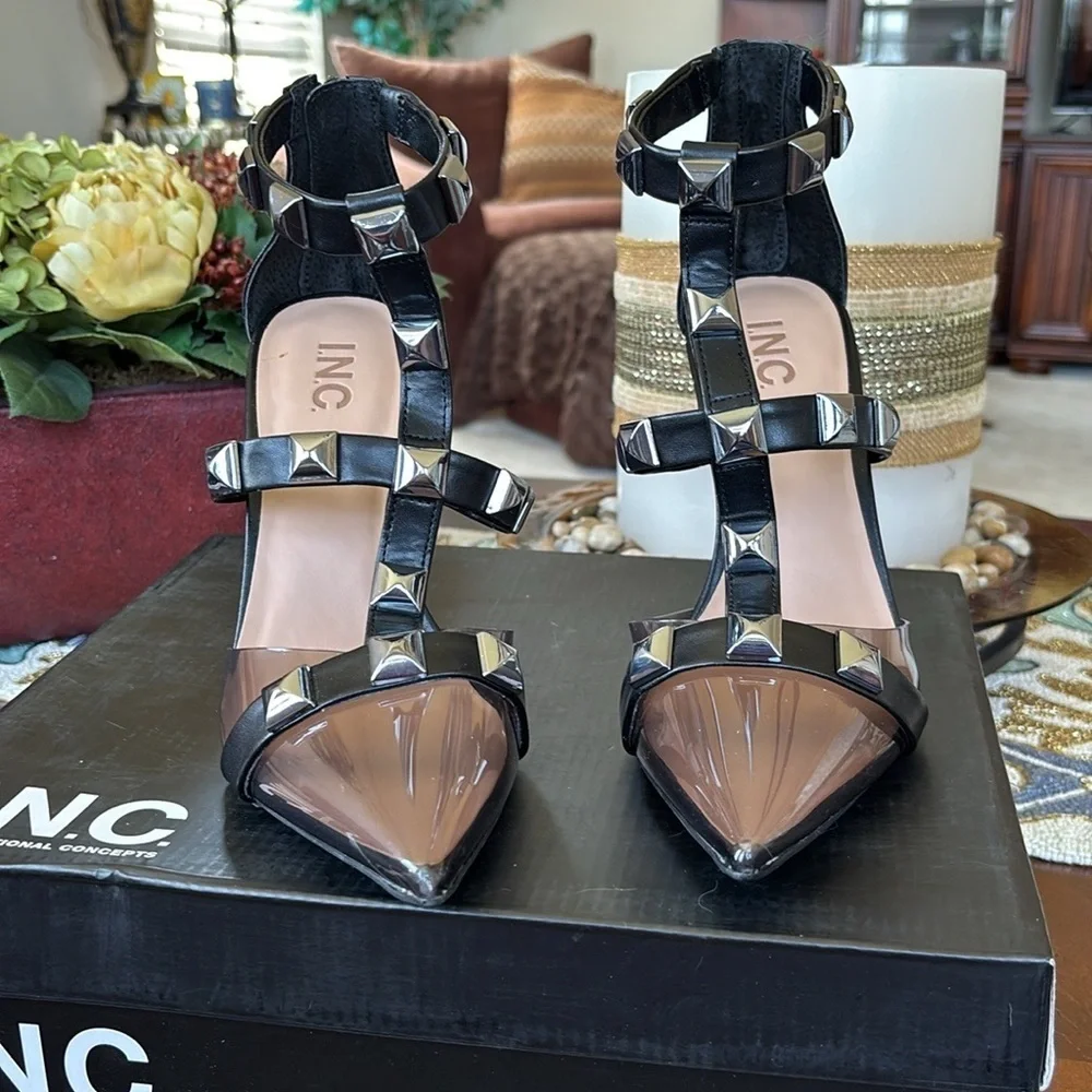 Brand New INC Syndia Pyramid Studded Black Stiletto Heels Clear Pointed Toe Cage